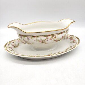 Theodore Haviland Schleiger 152 Gravy Boat w/ Underplate Pink Floral Vintage